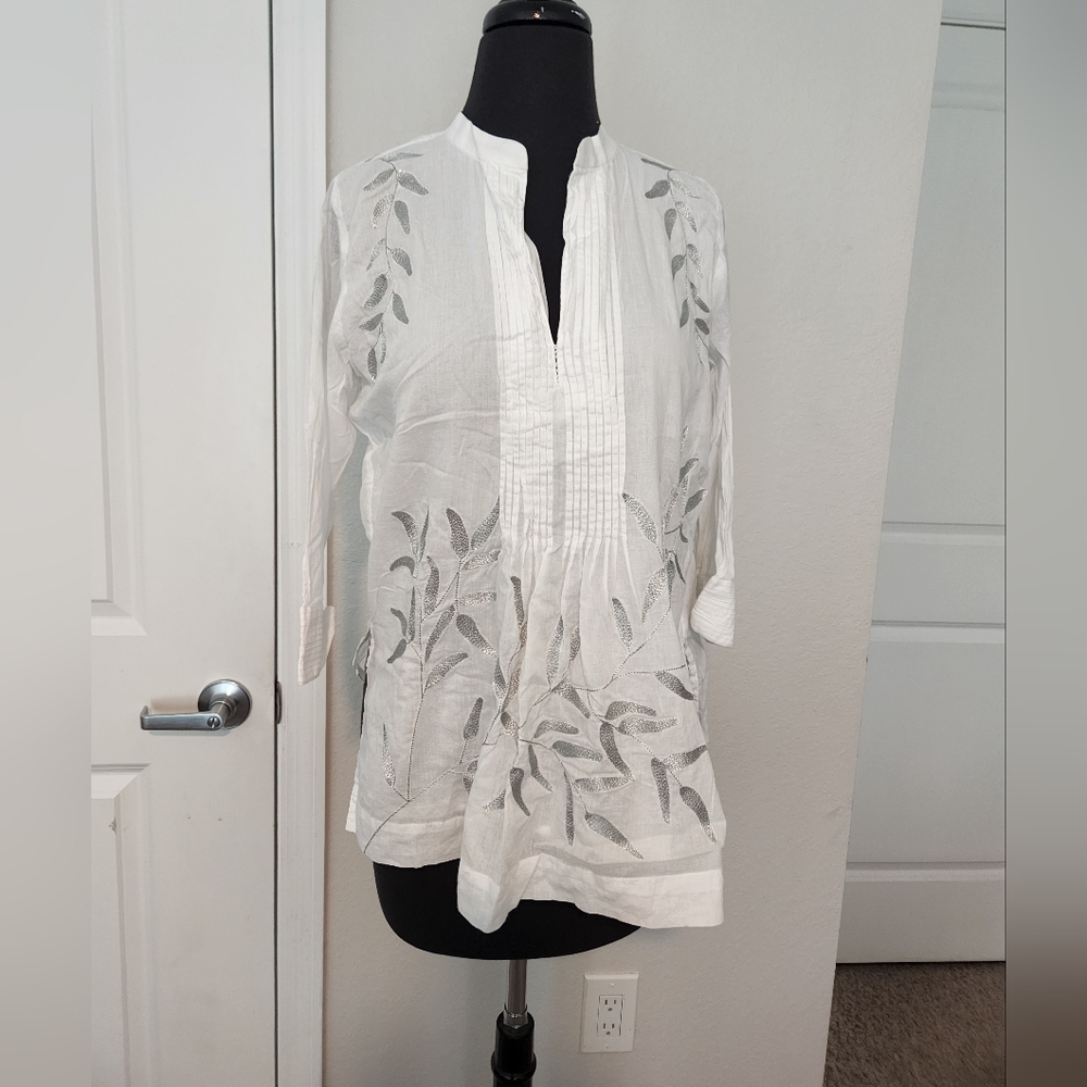 Gretchen Scott Designs White Tunic with Gray Leaf Embroidery